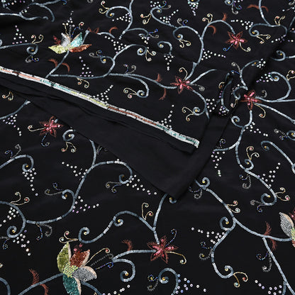 Indian Vintage Black Saree Pure Crepe Silk Hand Embroidered Sari Craft Fabric 5Yd Sewing Soft Zardozi/Dabka Sequins Wedding/Bridal Sarees