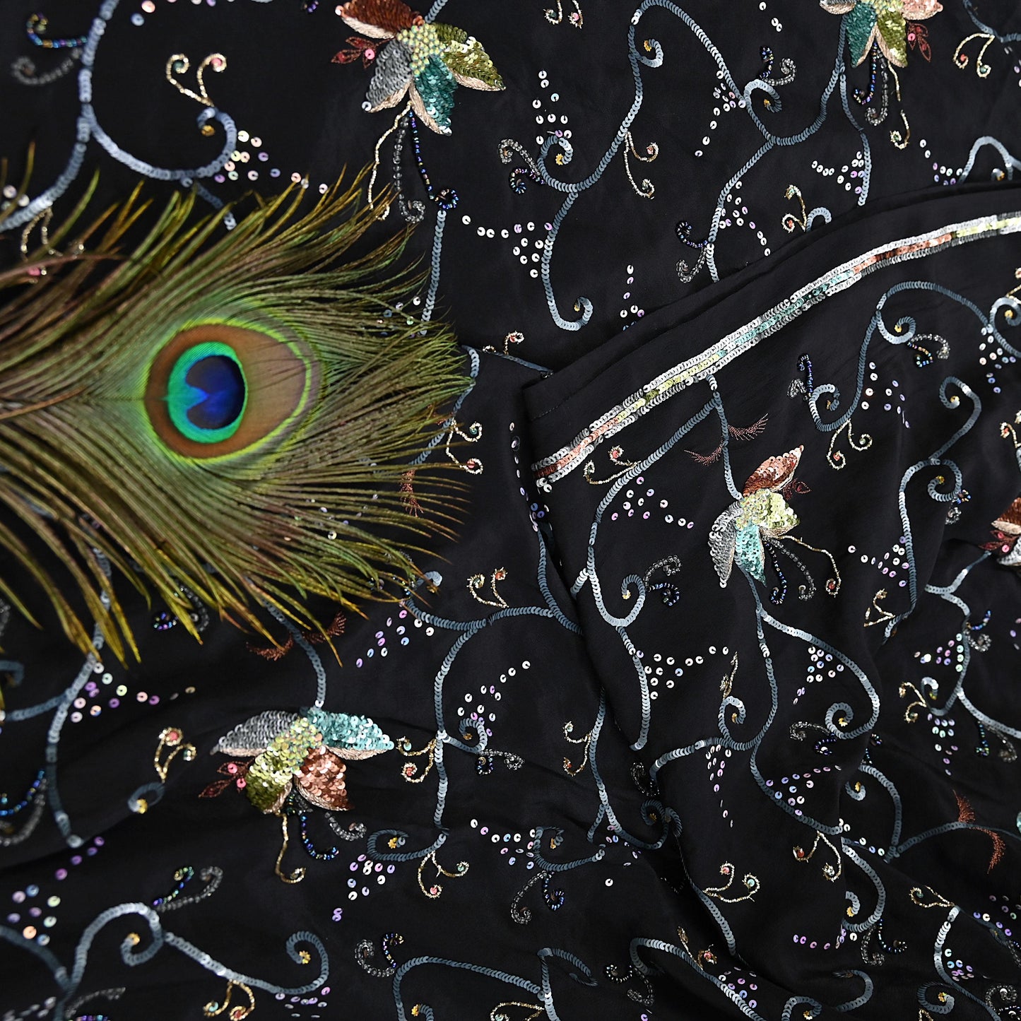 Indian Vintage Black Saree Pure Crepe Silk Hand Embroidered Sari Craft Fabric 5Yd Sewing Soft Zardozi/Dabka Sequins Wedding/Bridal Sarees