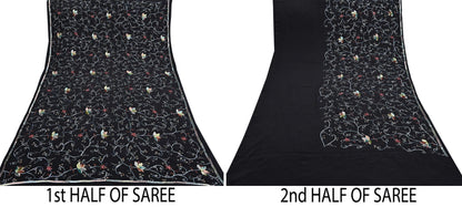 Indian Vintage Black Saree Pure Crepe Silk Hand Embroidered Sari Craft Fabric 5Yd Sewing Soft Zardozi/Dabka Sequins Wedding/Bridal Sarees