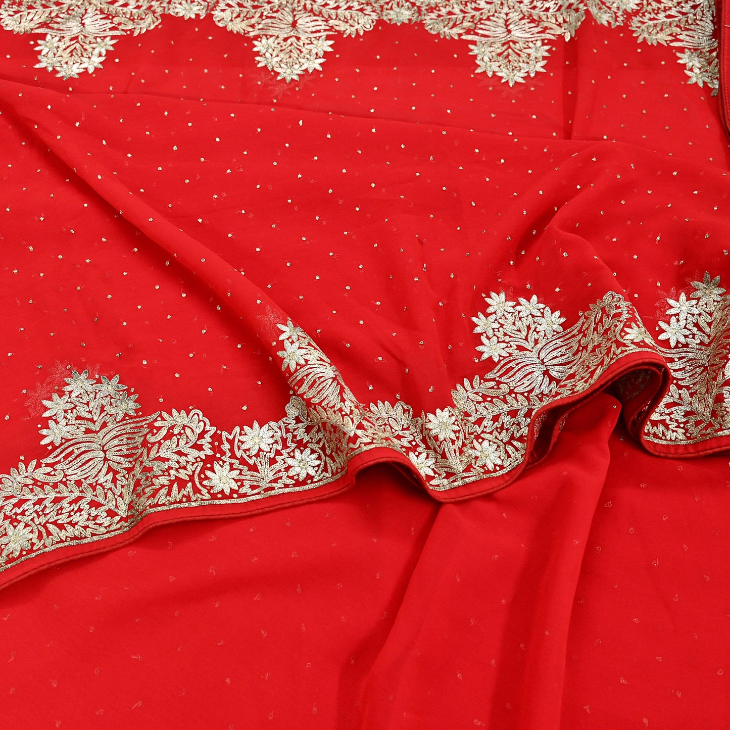 Indian Vintage Heavy Sari Red Georgette Hand Beaded Sarees Craft Fabric 5Yd Sewing Soft Ethnic Wedding Dress making