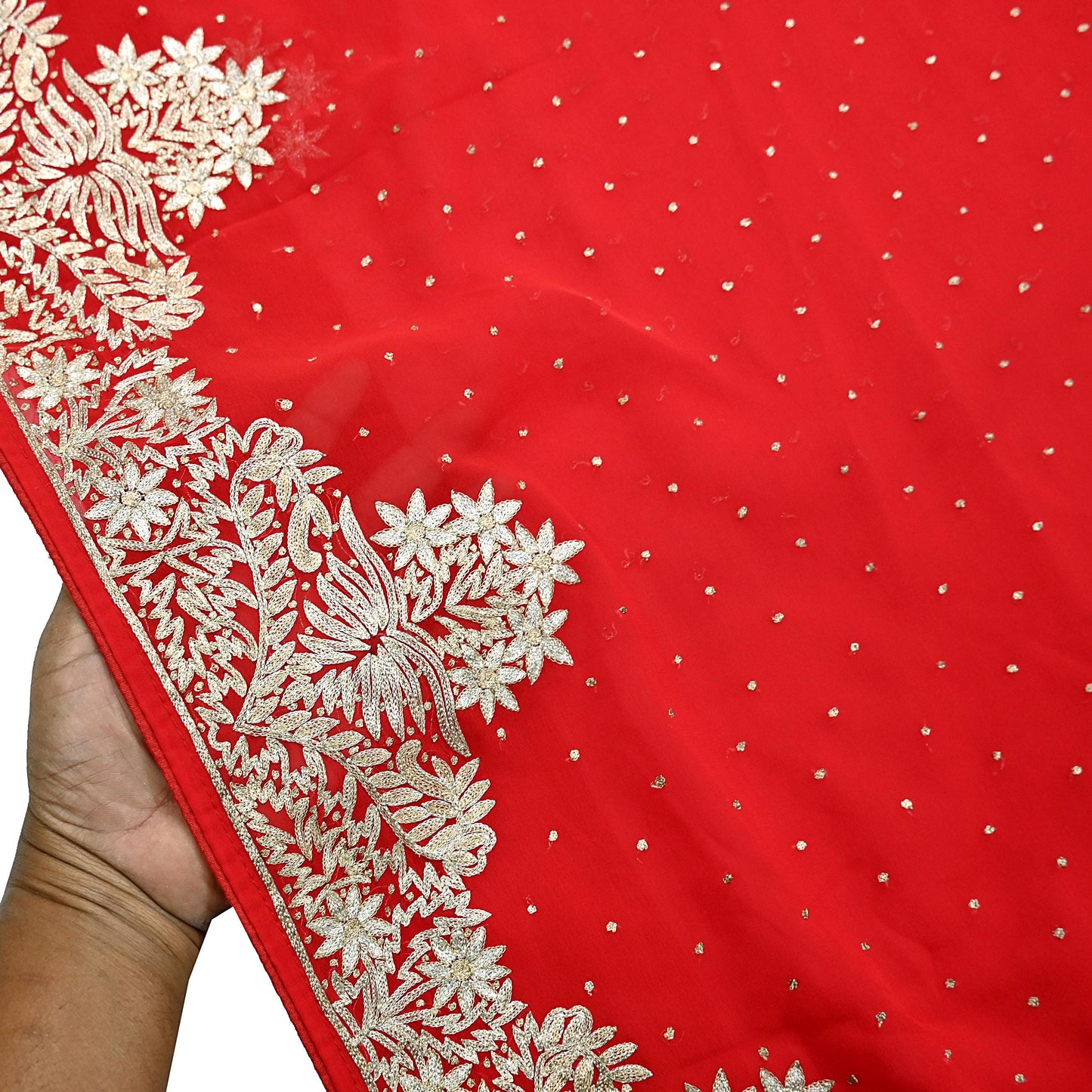 Indian Vintage Heavy Sari Red Georgette Hand Beaded Sarees Craft Fabric 5Yd Sewing Soft Ethnic Wedding Dress making