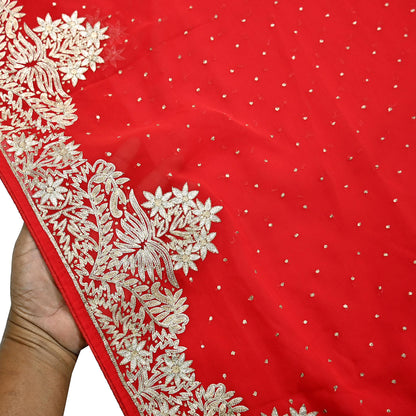 Indian Vintage Heavy Sari Red Georgette Hand Beaded Sarees Craft Fabric 5Yd Sewing Soft Ethnic Wedding Dress making