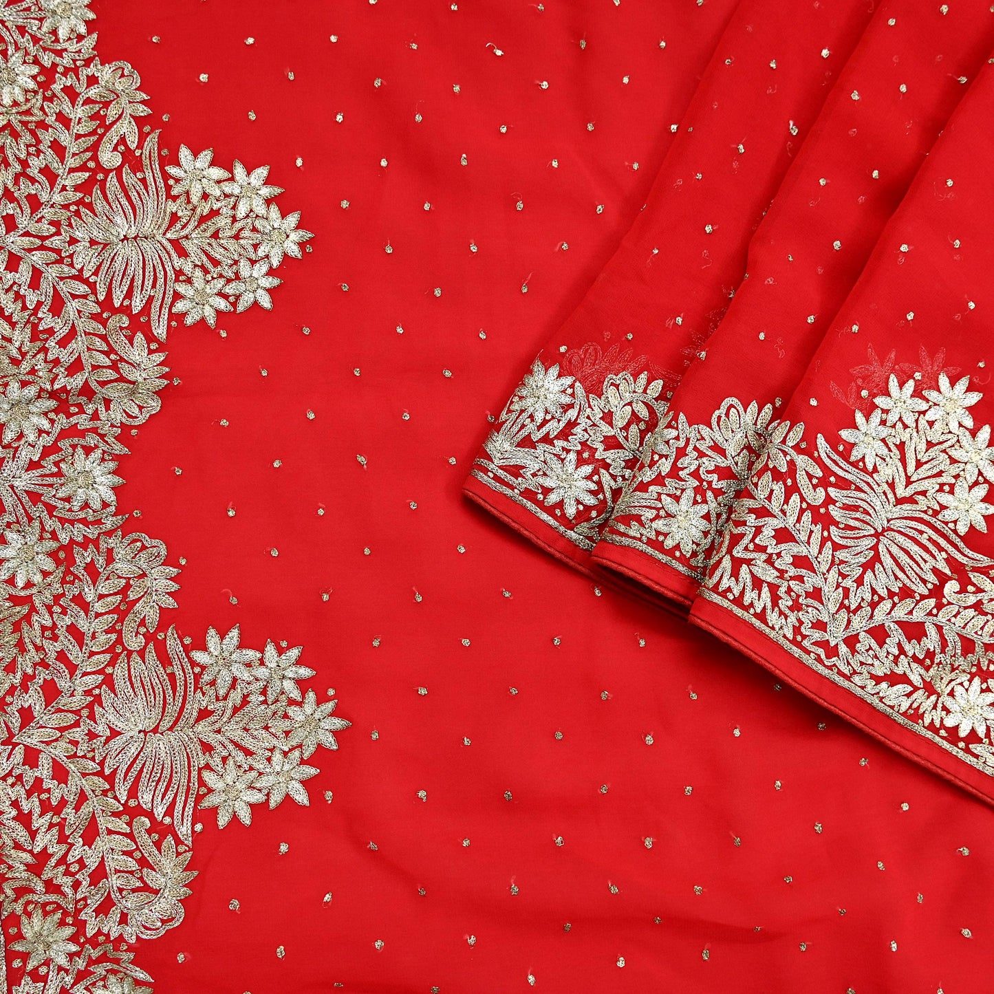 Indian Vintage Heavy Sari Red Georgette Hand Beaded Sarees Craft Fabric 5Yd Sewing Soft Ethnic Wedding Dress making