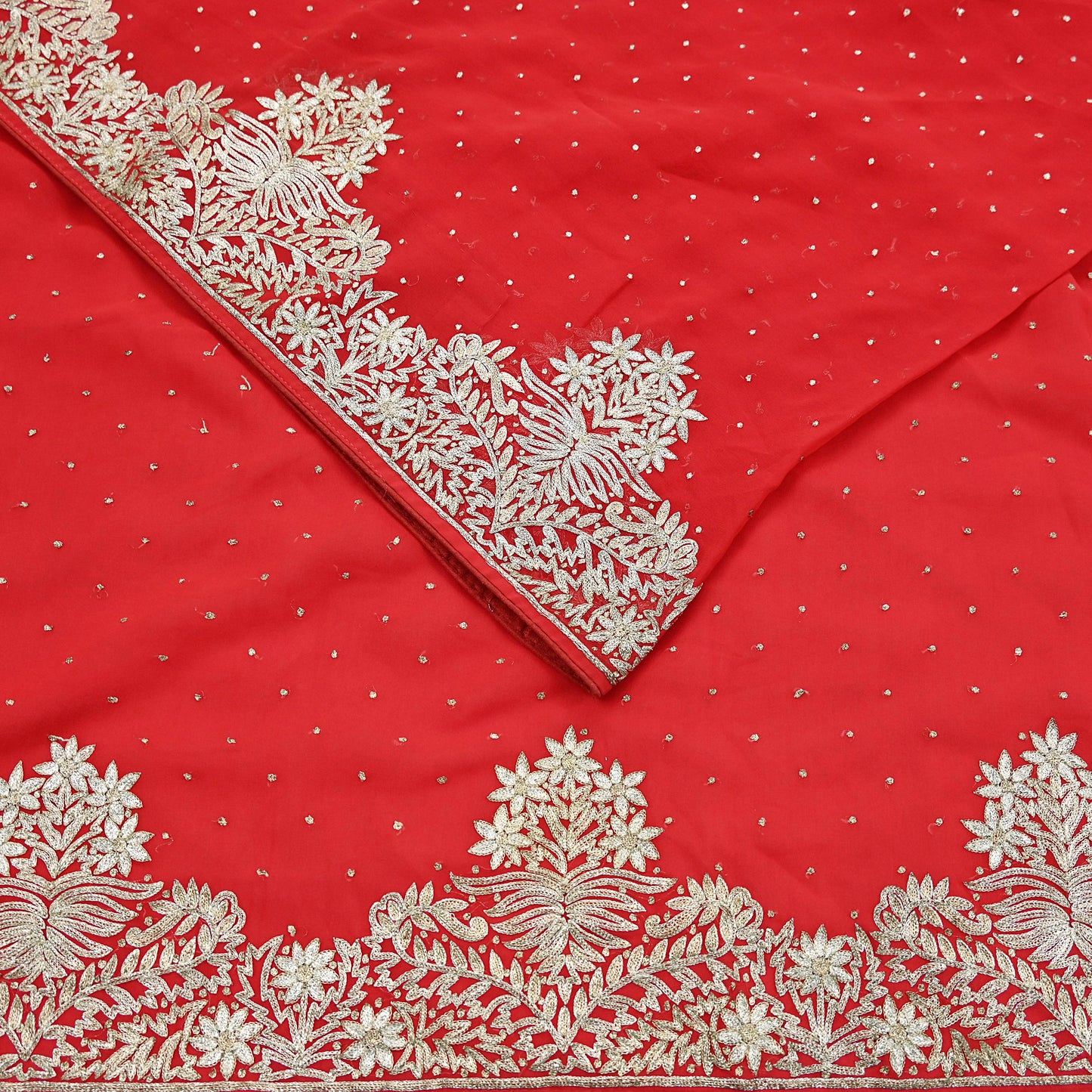 Indian Vintage Heavy Sari Red Georgette Hand Beaded Sarees Craft Fabric 5Yd Sewing Soft Ethnic Wedding Dress making