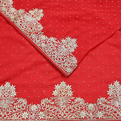 Indian Vintage Heavy Sari Red Georgette Hand Beaded Sarees Craft Fabric 5Yd Sewing Soft Ethnic Wedding Dress making