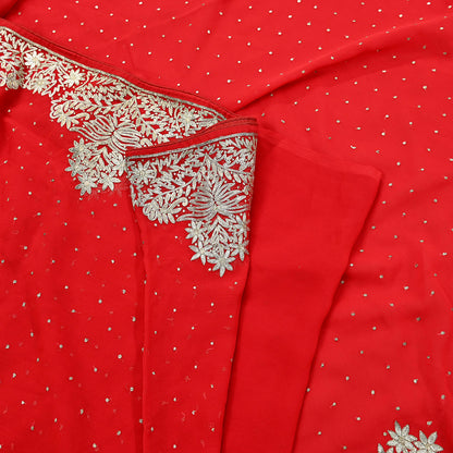 Indian Vintage Heavy Sari Red Georgette Hand Beaded Sarees Craft Fabric 5Yd Sewing Soft Ethnic Wedding Dress making