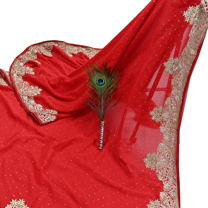 Indian Vintage Heavy Sari Red Georgette Hand Beaded Sarees Craft Fabric 5Yd Sewing Soft Ethnic Wedding Dress making