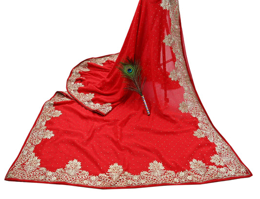 Indian Vintage Heavy Sari Red Georgette Hand Beaded Sarees Craft Fabric 5Yd Sewing Soft Ethnic Wedding Dress making