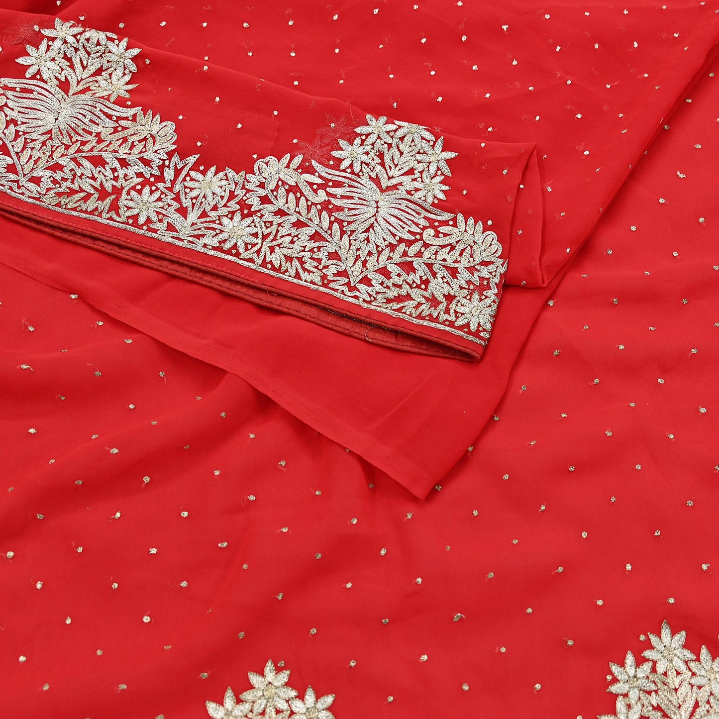 Indian Vintage Heavy Sari Red Georgette Hand Beaded Sarees Craft Fabric 5Yd Sewing Soft Ethnic Wedding Dress making