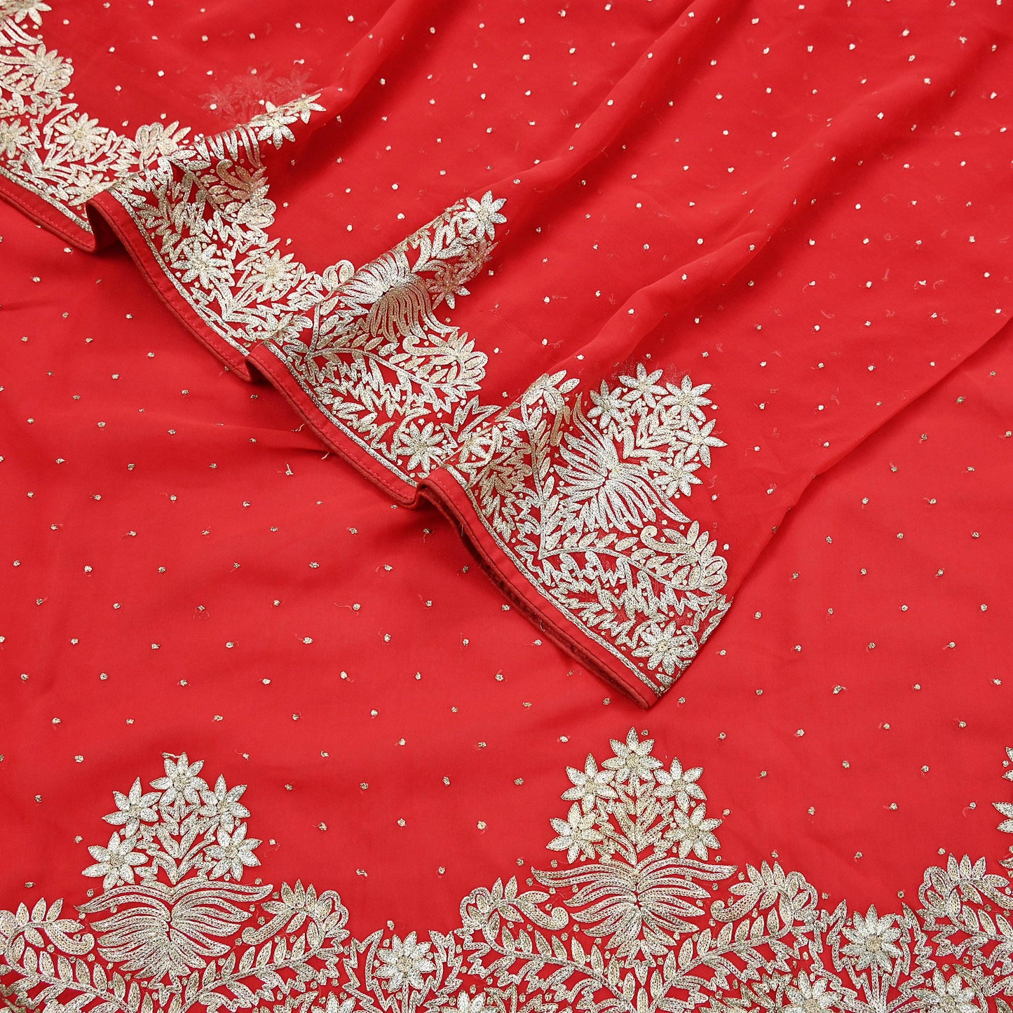 Indian Vintage Heavy Sari Red Georgette Hand Beaded Sarees Craft Fabric 5Yd Sewing Soft Ethnic Wedding Dress making