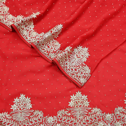 Indian Vintage Heavy Sari Red Georgette Hand Beaded Sarees Craft Fabric 5Yd Sewing Soft Ethnic Wedding Dress making