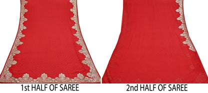 Indian Vintage Heavy Sari Red Georgette Hand Beaded Sarees Craft Fabric 5Yd Sewing Soft Ethnic Wedding Dress making