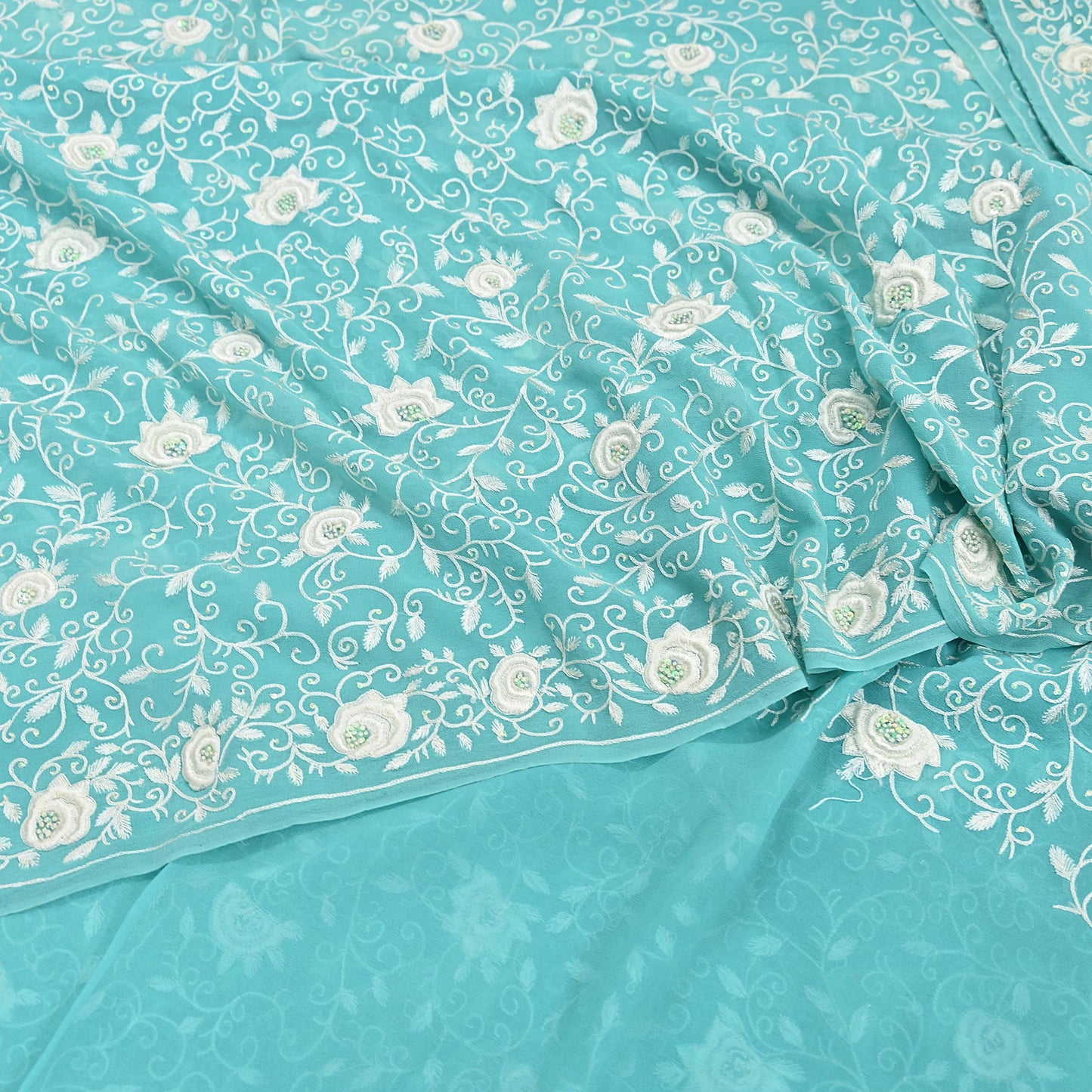 Indian Vintage Heavy Sari Sage Green Pure Georgette Silk Hand Beaded Sarees Craft Fabric 6Yd Sewing Soft Ethnic Wedding Sarees Dress making