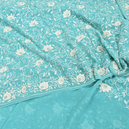 Indian Vintage Heavy Sari Sage Green Pure Georgette Silk Hand Beaded Sarees Craft Fabric 6Yd Sewing Soft Ethnic Wedding Sarees Dress making
