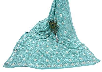 Indian Vintage Heavy Sari Sage Green Pure Georgette Silk Hand Beaded Sarees Craft Fabric 6Yd Sewing Soft Ethnic Wedding Sarees Dress making