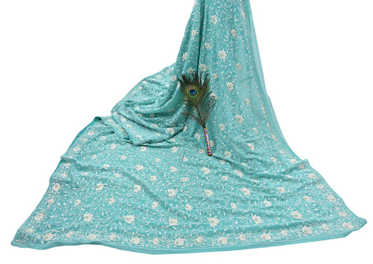 Indian Vintage Heavy Sari Sage Green Pure Georgette Silk Hand Beaded Sarees Craft Fabric 6Yd Sewing Soft Ethnic Wedding Sarees Dress making