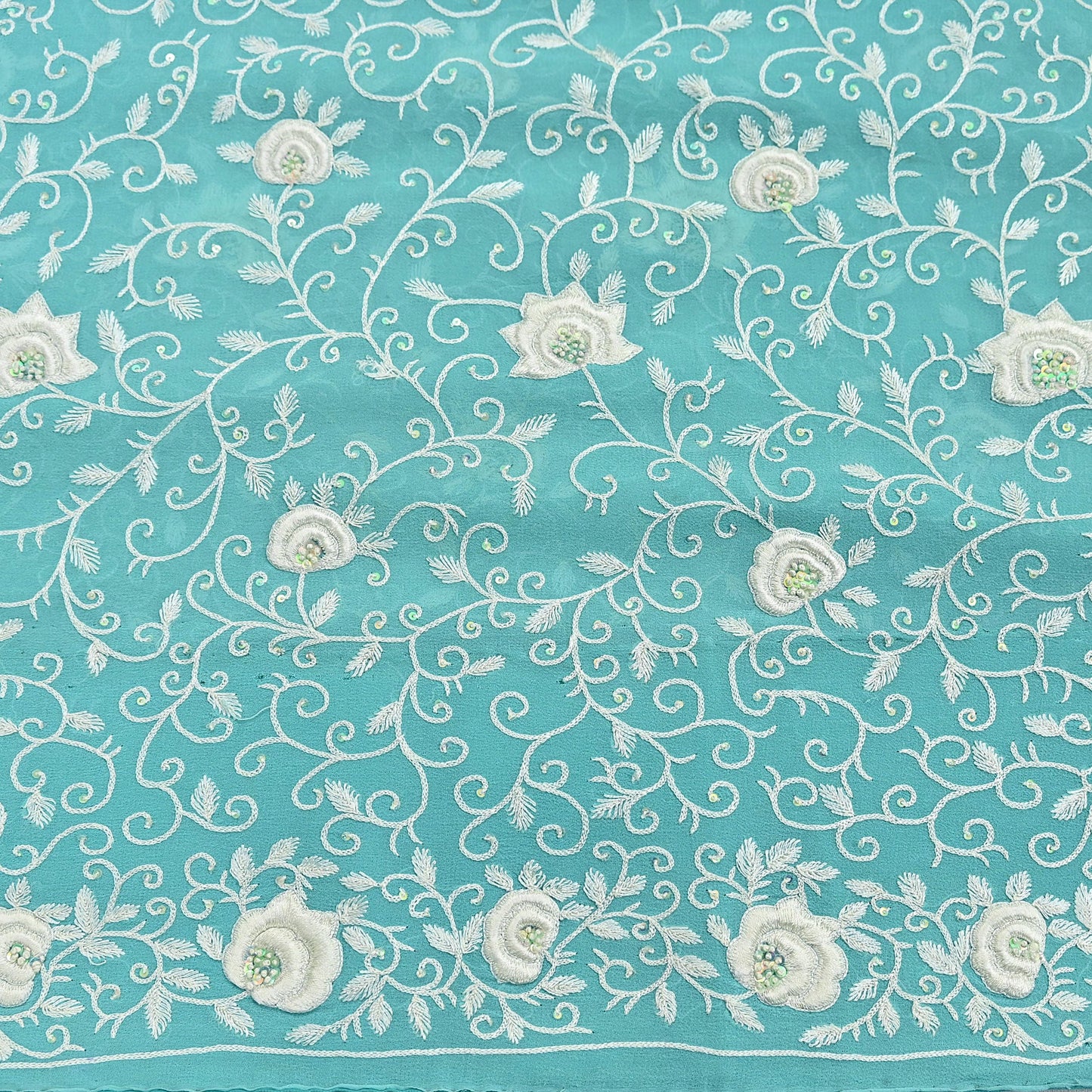 Indian Vintage Heavy Sari Sage Green Pure Georgette Silk Hand Beaded Sarees Craft Fabric 6Yd Sewing Soft Ethnic Wedding Sarees Dress making