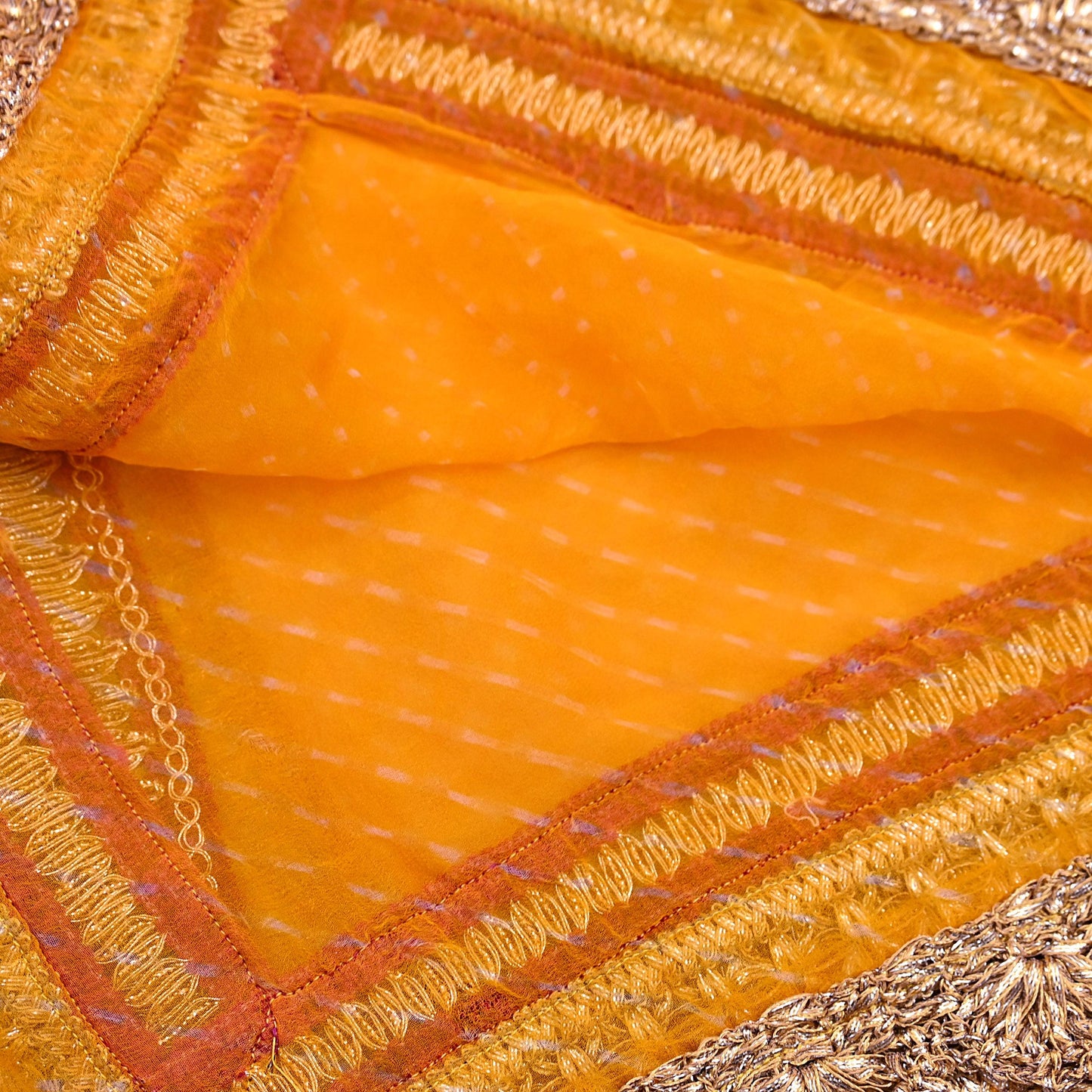 Indian Vintage Saffron Dupatta Pure Georgette Silk Hand Embroidered Bandhani Veil Scarves Soft