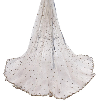 Indian Vintage Heavy Bridal Dupatta White Net Mesh Long Stole Hand Embroidered Scarves  Patti Wedding/Party Wear