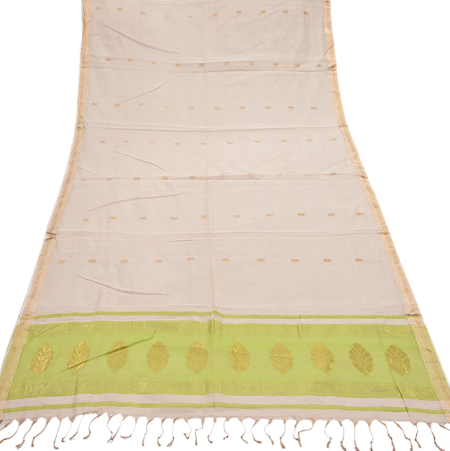 Indian Vintage Dupatta Ivory & Green Long Stole Hand Woven Pure Silk Scarves Veil Zari Soft Fringes Scarf Wrap Boho