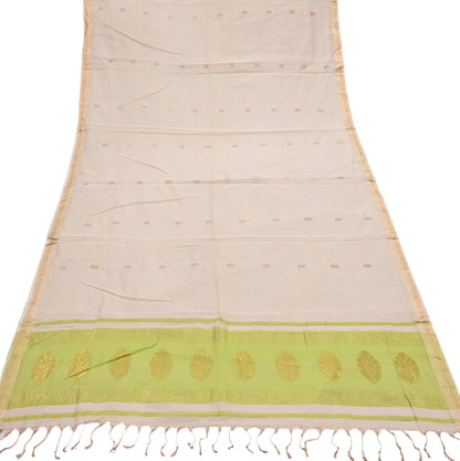 Indian Vintage Dupatta Ivory & Green Long Stole Hand Woven Pure Silk Scarves Veil Zari Soft Fringes Scarf Wrap Boho
