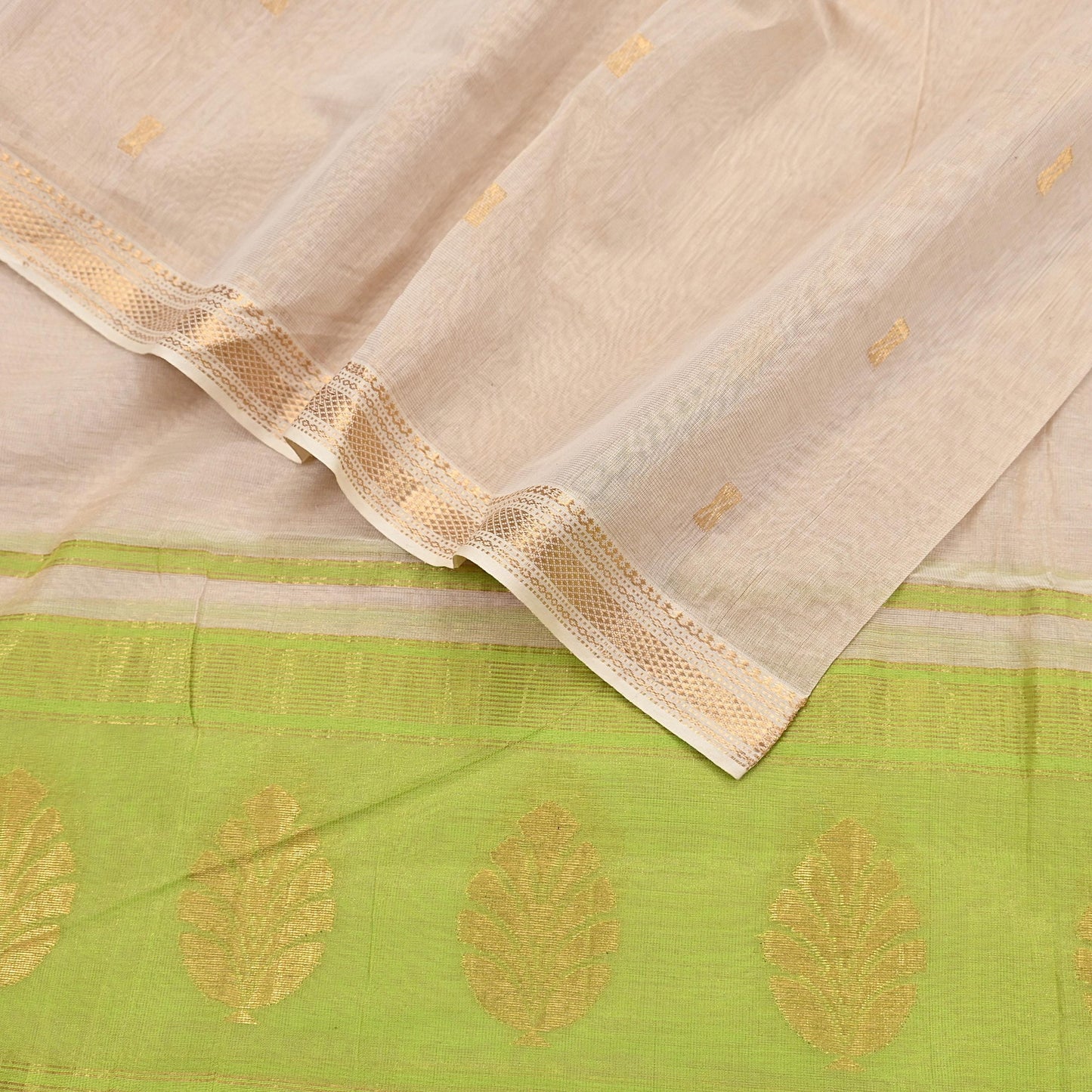 Indian Vintage Dupatta Ivory & Green Long Stole Hand Woven Pure Silk Scarves Veil Zari Soft Fringes Scarf Wrap Boho