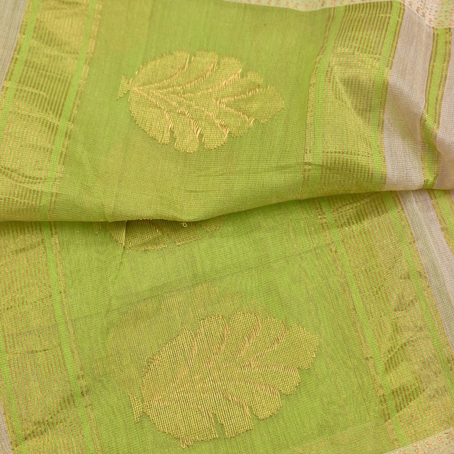 Indian Vintage Dupatta Ivory & Green Long Stole Hand Woven Pure Silk Scarves Veil Zari Soft Fringes Scarf Wrap Boho
