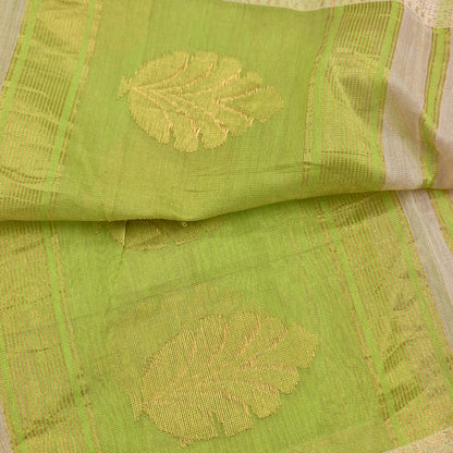 Indian Vintage Dupatta Ivory & Green Long Stole Hand Woven Pure Silk Scarves Veil Zari Soft Fringes Scarf Wrap Boho