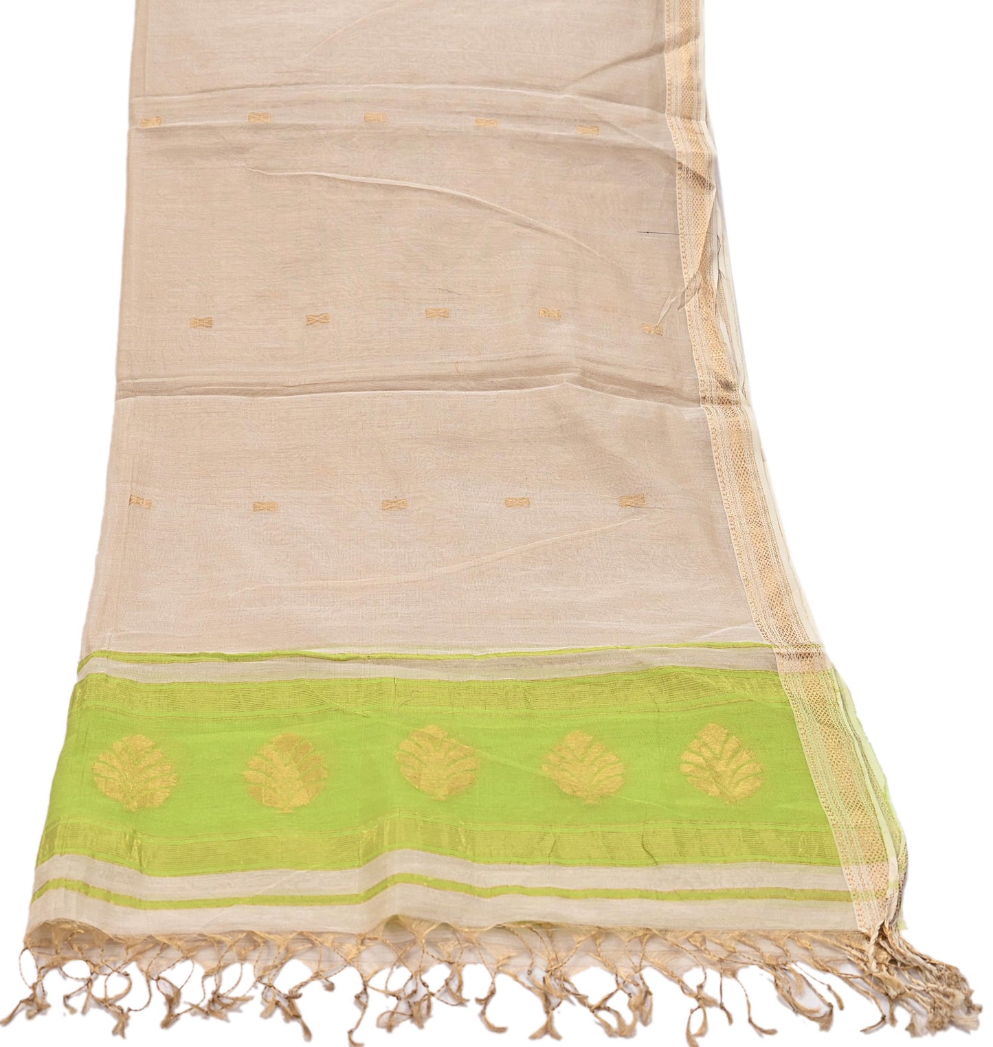 Indian Vintage Dupatta Ivory & Green Long Stole Hand Woven Pure Silk Scarves Veil Zari Soft Fringes Scarf Wrap Boho