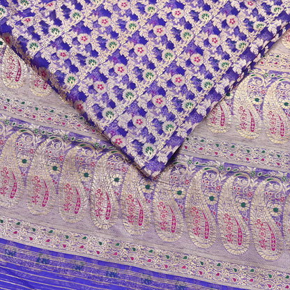 Indian Vintage Purple Heavy Saree Pure Organza Silk Woven Banarasi Brocade Indian Sari Fabric Golden Zari 5Yd Ethnic