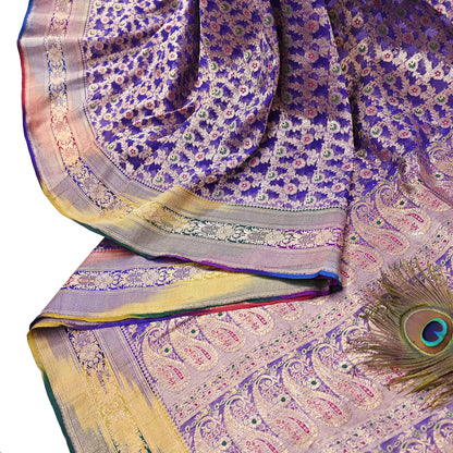 Indian Vintage Purple Heavy Saree Pure Organza Silk Woven Banarasi Brocade Indian Sari Fabric Golden Zari 5Yd Ethnic