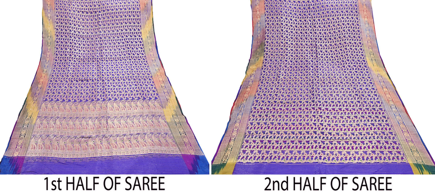Indian Vintage Purple Heavy Saree Pure Organza Silk Woven Banarasi Brocade Indian Sari Fabric Golden Zari 5Yd Ethnic