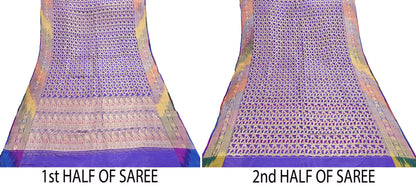 Indian Vintage Purple Heavy Saree Pure Organza Silk Woven Banarasi Brocade Indian Sari Fabric Golden Zari 5Yd Ethnic