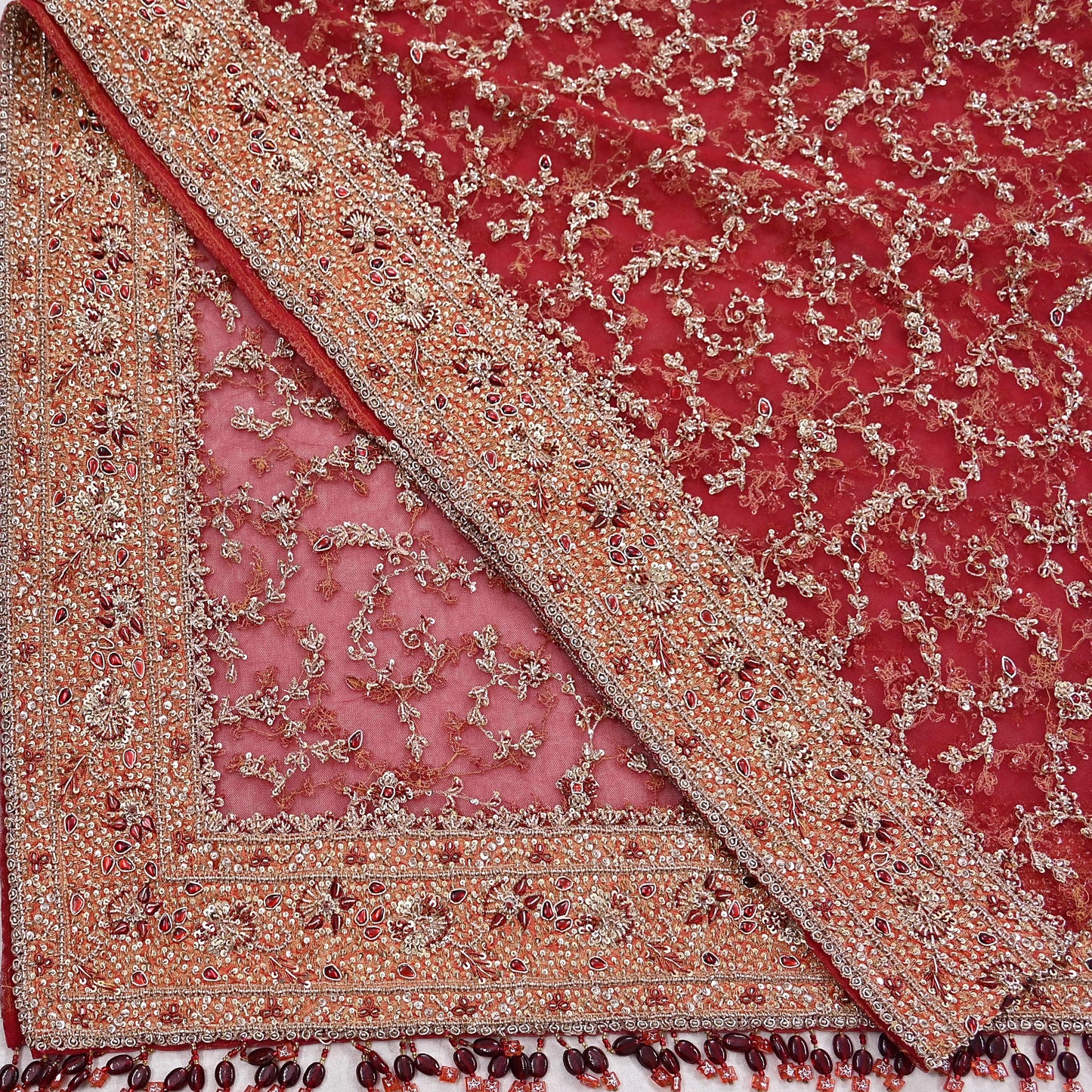 Indian Vintage Heavy Bridal Red Dupatta Net Mesh Long Stole Hand Embroidered Scarves Zardozi Dabka Zari Wedding dupatta veil hijab