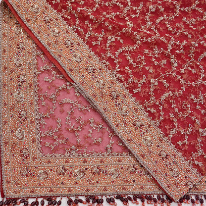 Indian Vintage Heavy Bridal Red Dupatta Net Mesh Long Stole Hand Embroidered Scarves Zardozi Dabka Zari Wedding dupatta veil hijab