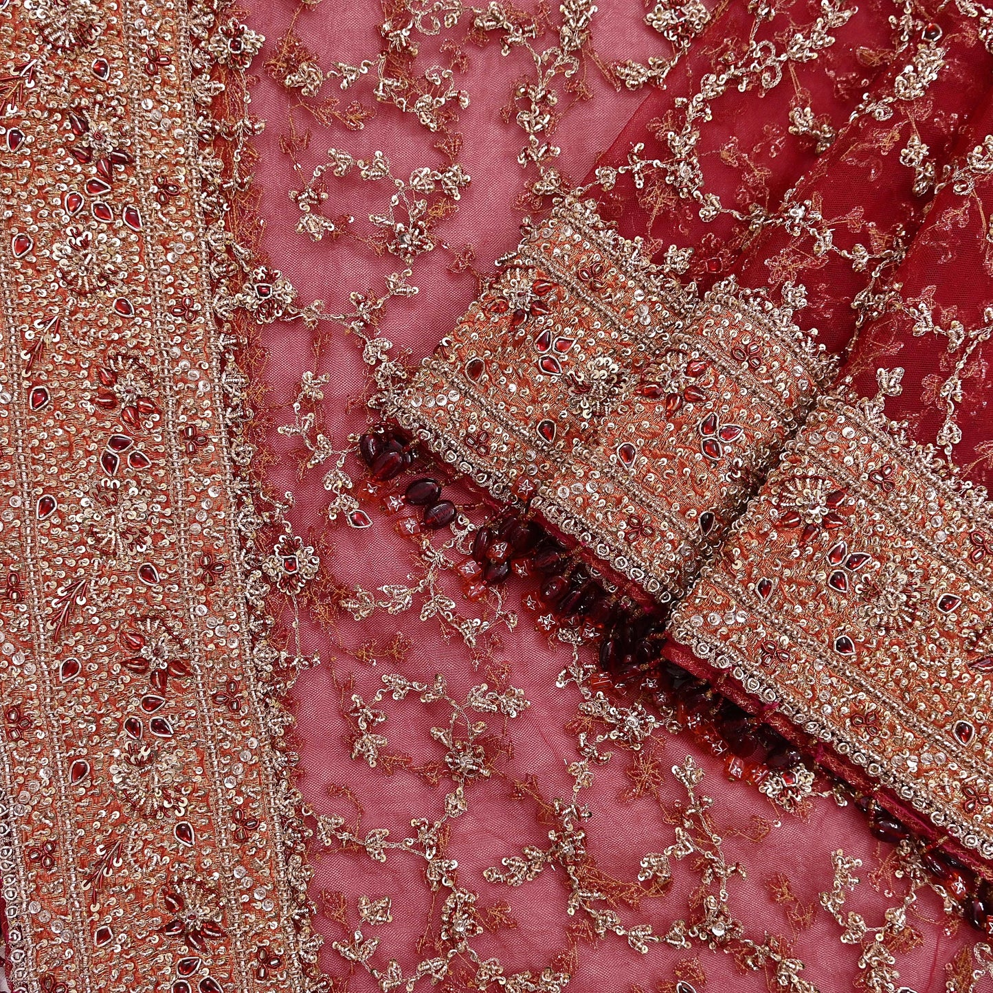 Indian Vintage Heavy Bridal Red Dupatta Net Mesh Long Stole Hand Embroidered Scarves Zardozi Dabka Zari Wedding dupatta veil hijab