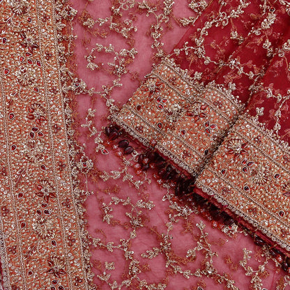 Indian Vintage Heavy Bridal Red Dupatta Net Mesh Long Stole Hand Embroidered Scarves Zardozi Dabka Zari Wedding dupatta veil hijab