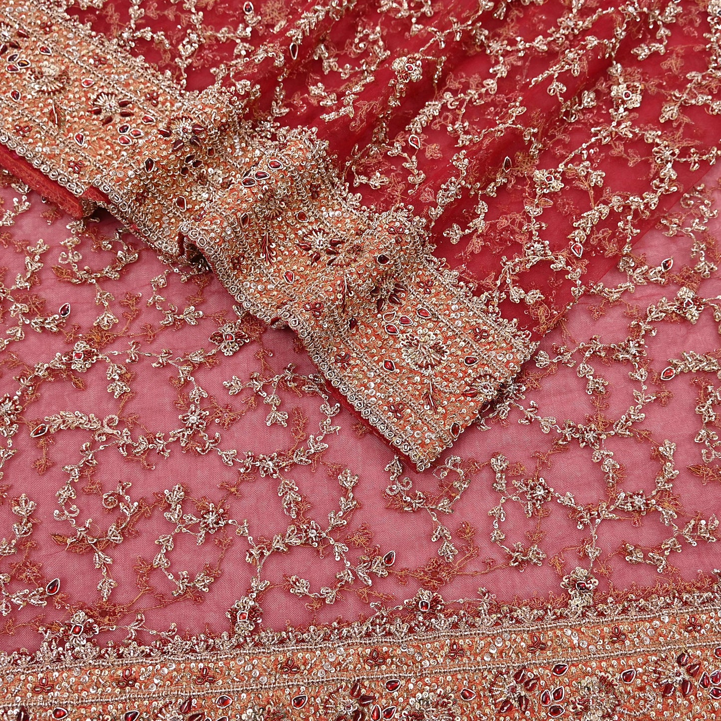 Indian Vintage Heavy Bridal Red Dupatta Net Mesh Long Stole Hand Embroidered Scarves Zardozi Dabka Zari Wedding dupatta veil hijab