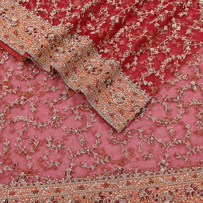 Indian Vintage Heavy Bridal Red Dupatta Net Mesh Long Stole Hand Embroidered Scarves Zardozi Dabka Zari Wedding dupatta veil hijab