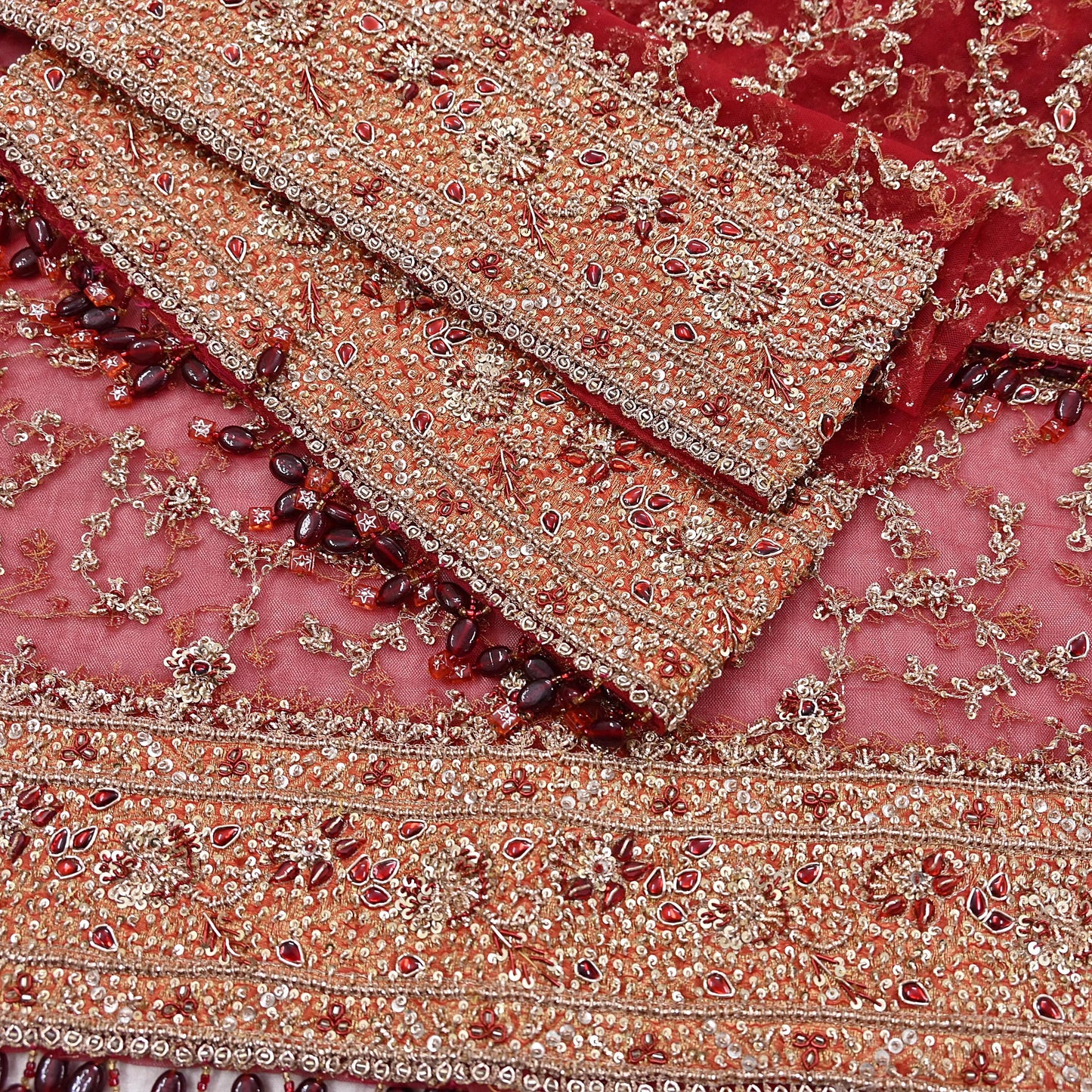 Indian Vintage Heavy Bridal Red Dupatta Net Mesh Long Stole Hand Embroidered Scarves Zardozi Dabka Zari Wedding dupatta veil hijab