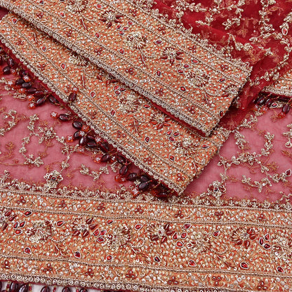 Indian Vintage Heavy Bridal Red Dupatta Net Mesh Long Stole Hand Embroidered Scarves Zardozi Dabka Zari Wedding dupatta veil hijab