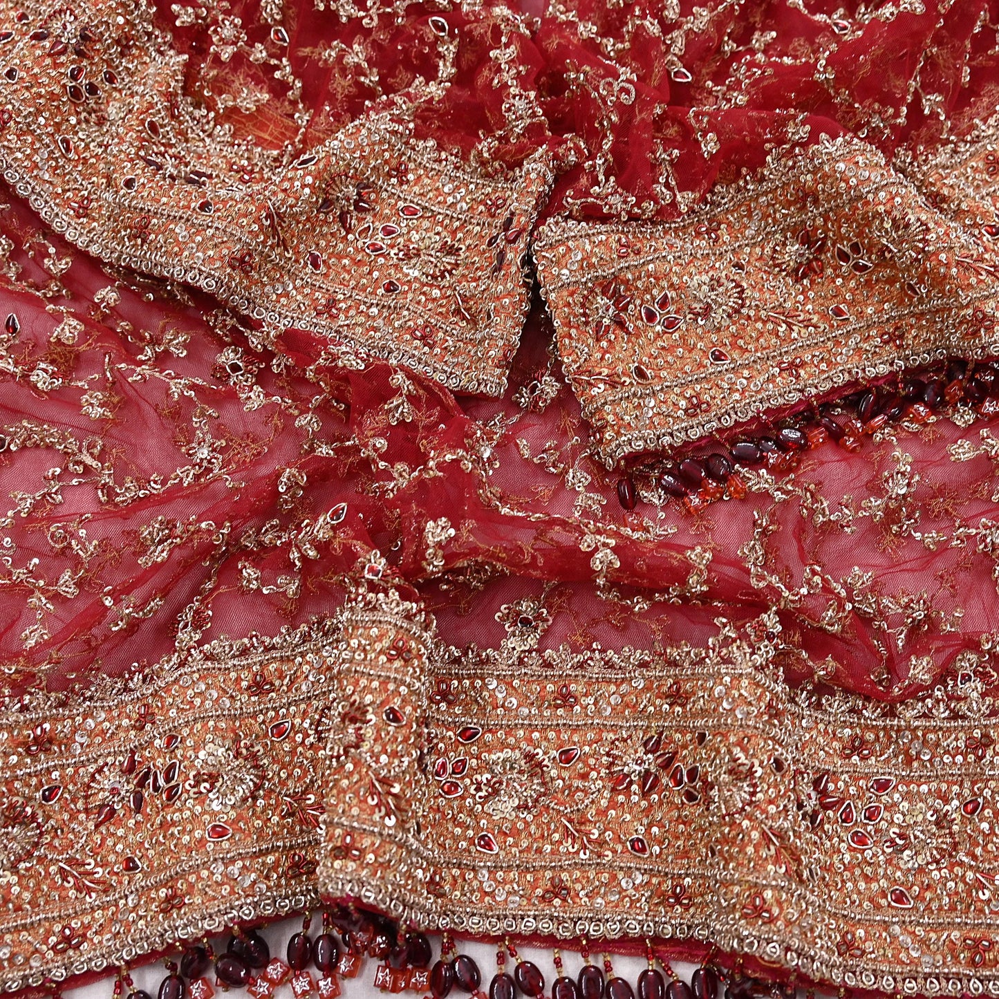 Indian Vintage Heavy Bridal Red Dupatta Net Mesh Long Stole Hand Embroidered Scarves Zardozi Dabka Zari Wedding dupatta veil hijab
