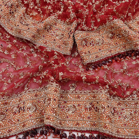 Indian Vintage Heavy Bridal Red Dupatta Net Mesh Long Stole Hand Embroidered Scarves Zardozi Dabka Zari Wedding dupatta veil hijab