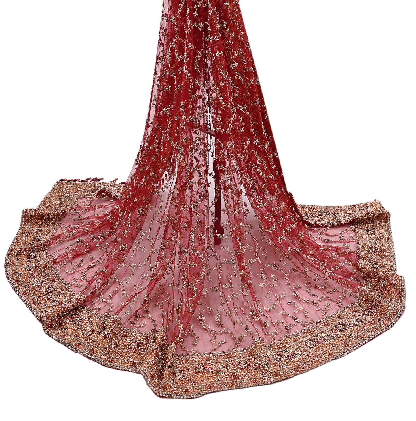 Indian Vintage Heavy Bridal Red Dupatta Net Mesh Long Stole Hand Embroidered Scarves Zardozi Dabka Zari Wedding dupatta veil hijab
