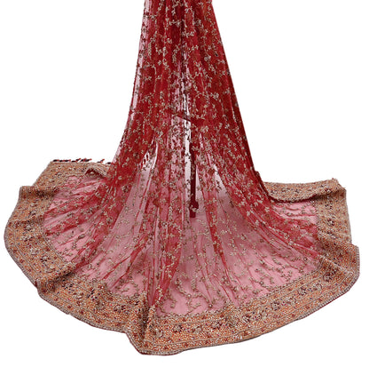Indian Vintage Heavy Bridal Red Dupatta Net Mesh Long Stole Hand Embroidered Scarves Zardozi Dabka Zari Wedding dupatta veil hijab
