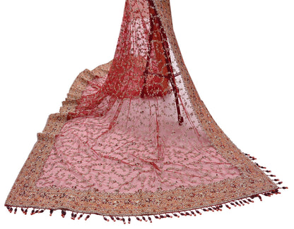 Indian Vintage Heavy Bridal Red Dupatta Net Mesh Long Stole Hand Embroidered Scarves Zardozi Dabka Zari Wedding dupatta veil hijab