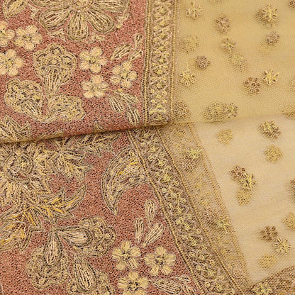 Indian Vintage Heavy Yellow Dupatta Net Mesh Long Stole Hand Embroidered Scarves Golden Zardozi Dabka Zari Stole