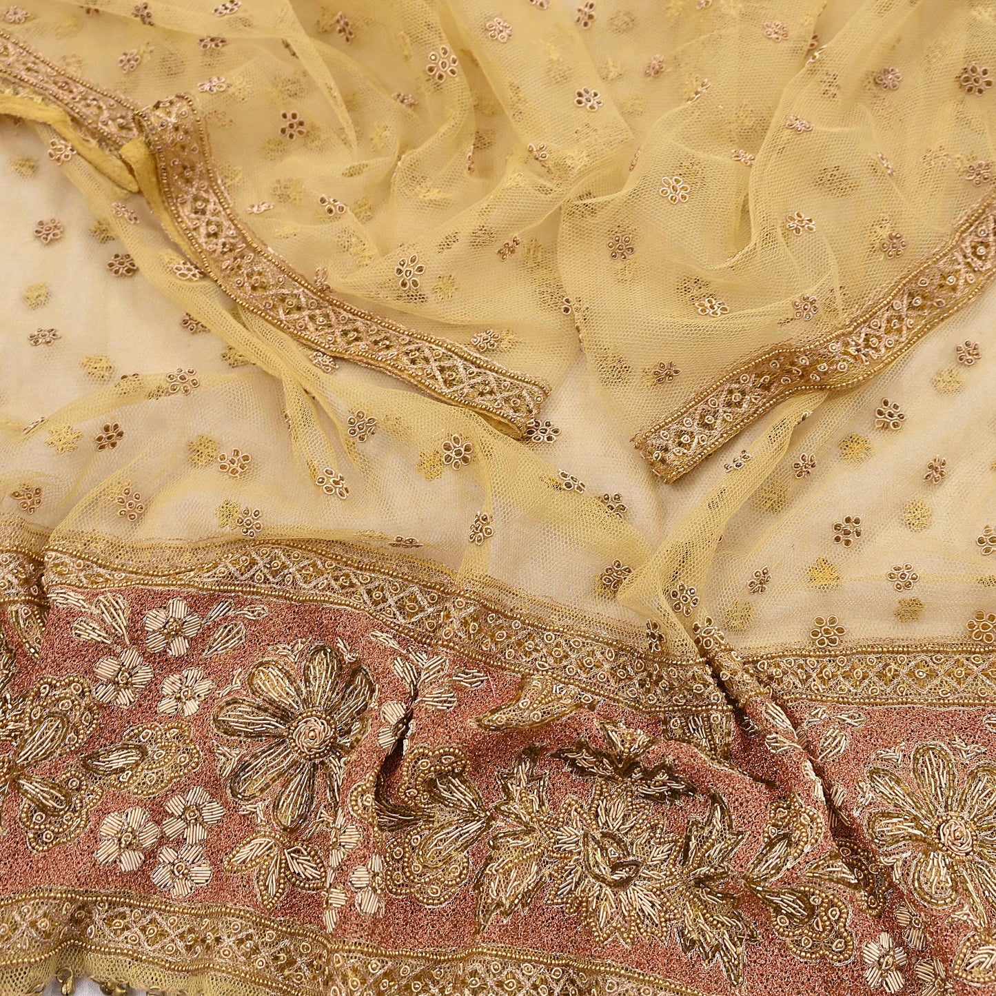 Indian Vintage Heavy Yellow Dupatta Net Mesh Long Stole Hand Embroidered Scarves Golden Zardozi Dabka Zari Stole