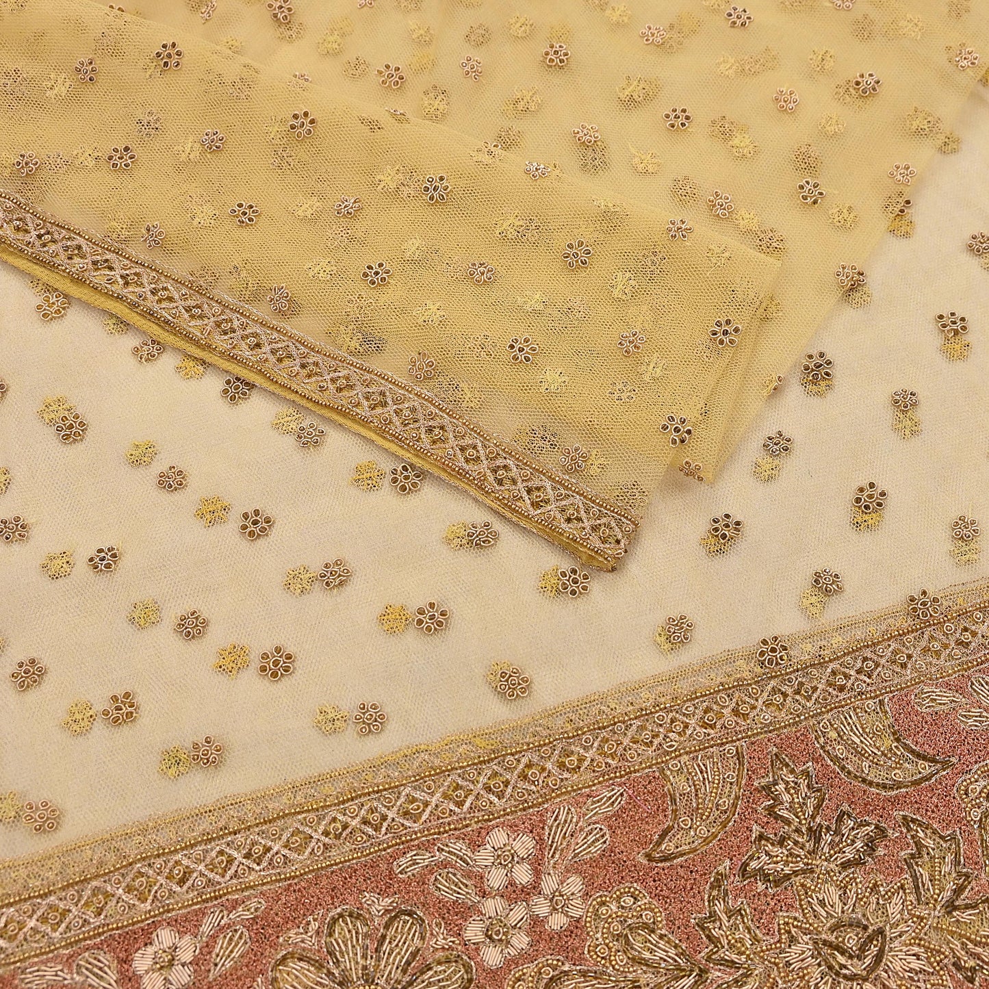 Indian Vintage Heavy Yellow Dupatta Net Mesh Long Stole Hand Embroidered Scarves Golden Zardozi Dabka Zari Stole