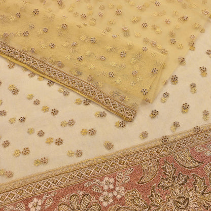 Indian Vintage Heavy Yellow Dupatta Net Mesh Long Stole Hand Embroidered Scarves Golden Zardozi Dabka Zari Stole